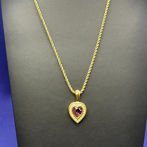 VTG Swarovski S.A.L. Faux Amethyst & Crystals on Gold-Tone Heart Pendant - Picture 3 of 11